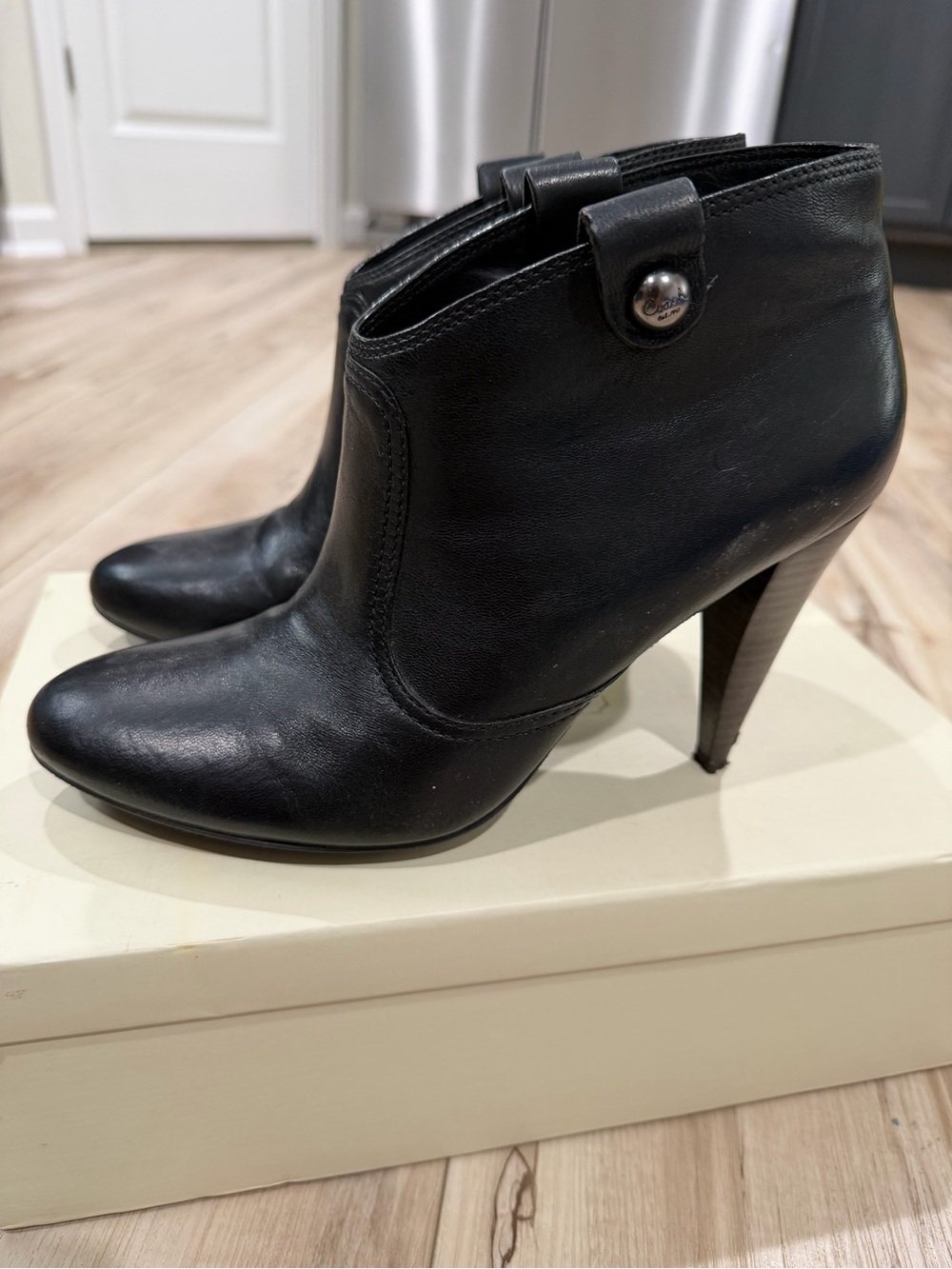 Coach Black Leather High-Heel Ankle Boots